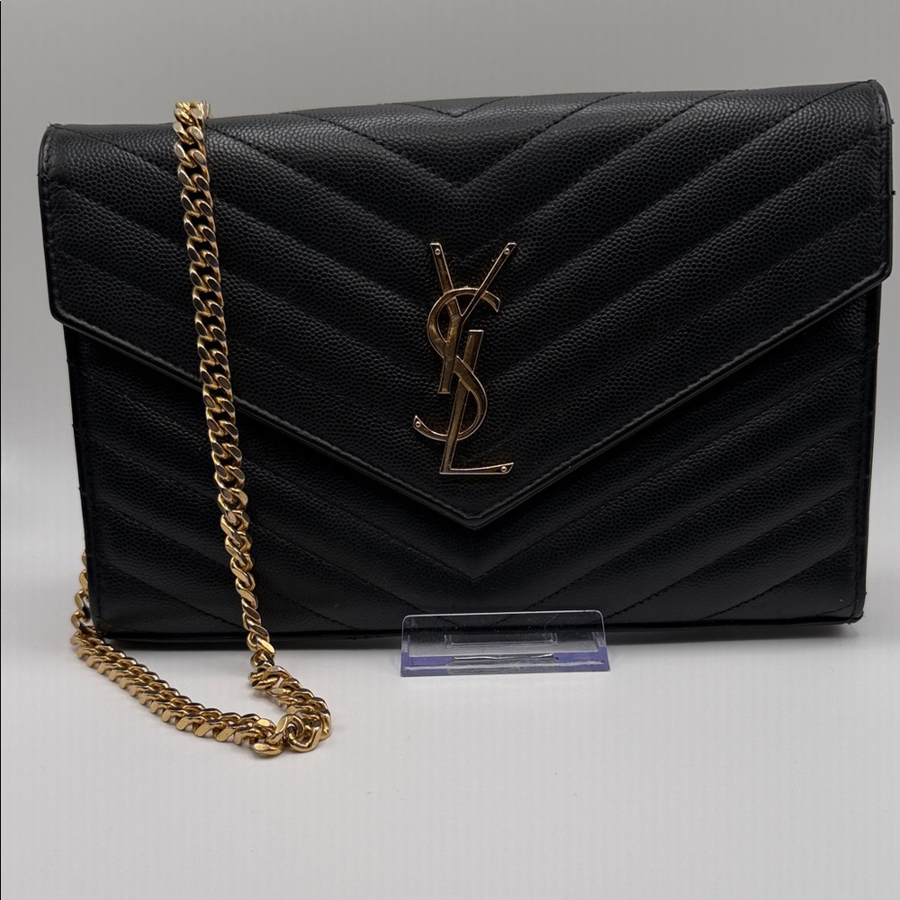 YSL Cassandre Matelassé Envelope Chain Wallet; black w/gold hardware